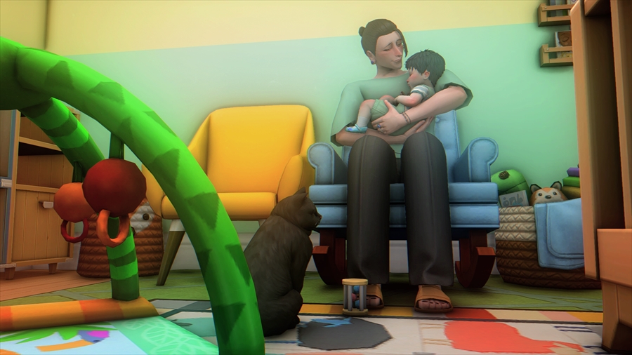 これはダメだということで抱っこして寝かしつけます。スグルも興味があるのか子供を見に来ていました