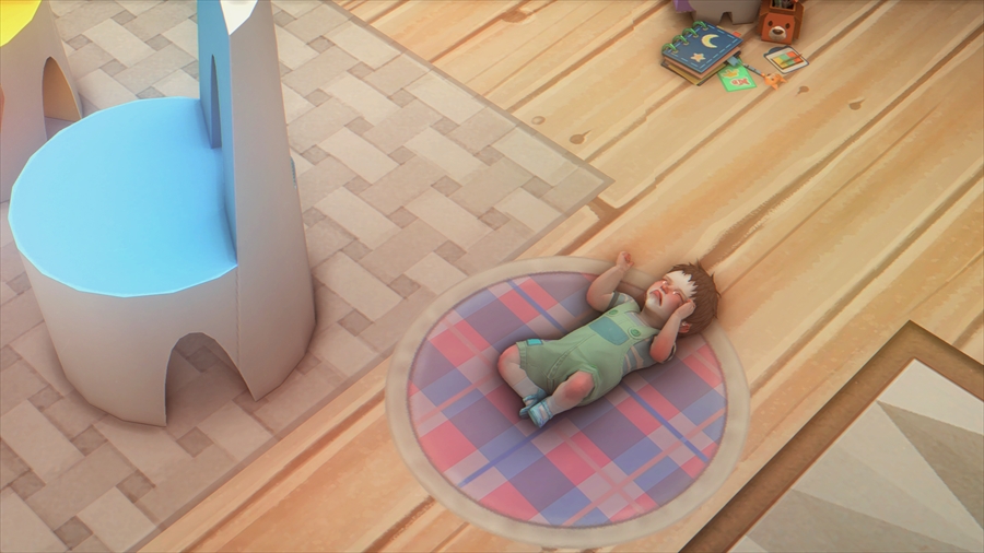 傑は疲れ果てて息子を置いて寝室に行ってしまったようです。床の上で大泣き