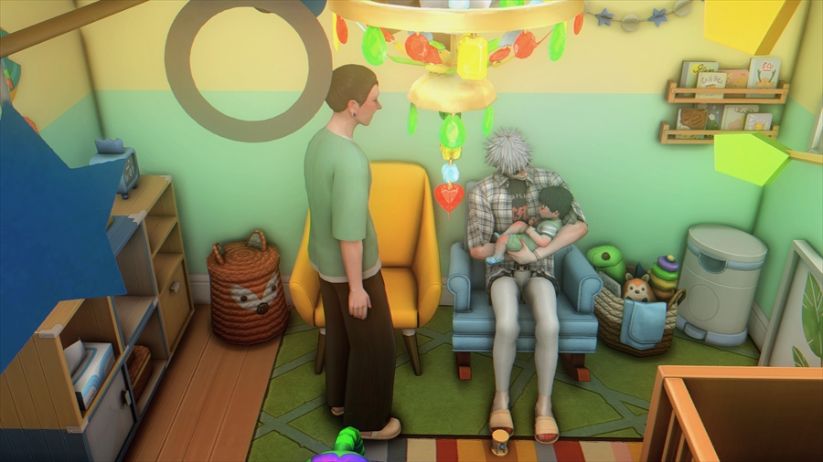 ベッドでは全然眠ってくれないので椅子に座って寝かしつけ。よく眠れたよーと起きてきた傑が悟とメグルの様子を見に来ました