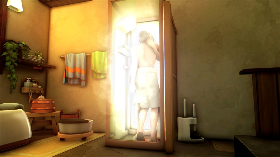 シャワーブースにシムを引き込んだ後は謎の白い湯気がシャワーブースを覆うため中で何をやっているか見えなくなる安全仕様