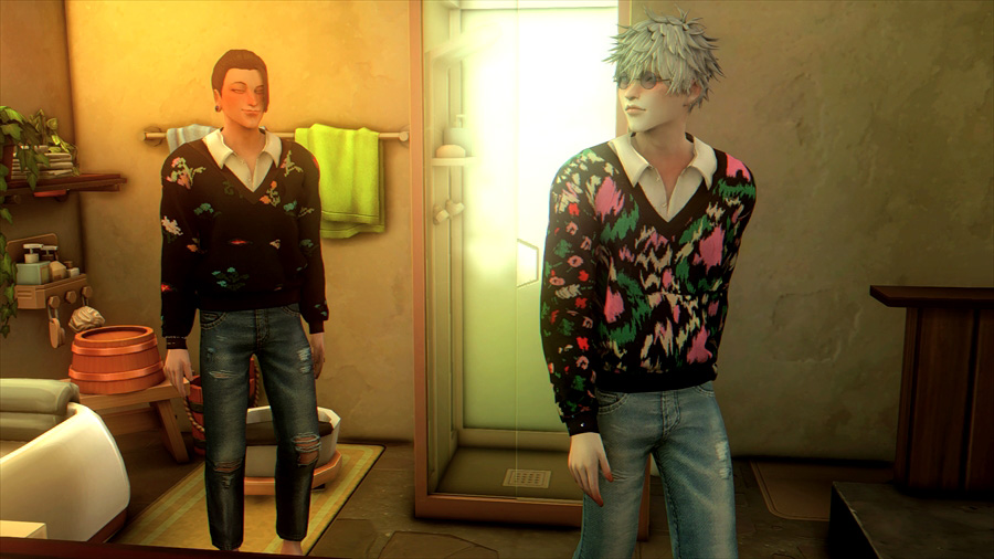 肩幅は悟の方が広めなので服を着ると悟もガッチリしてる感じになります。傑が重そうなのが凄く好きなため体重自体は傑の方が重いといいなという希望