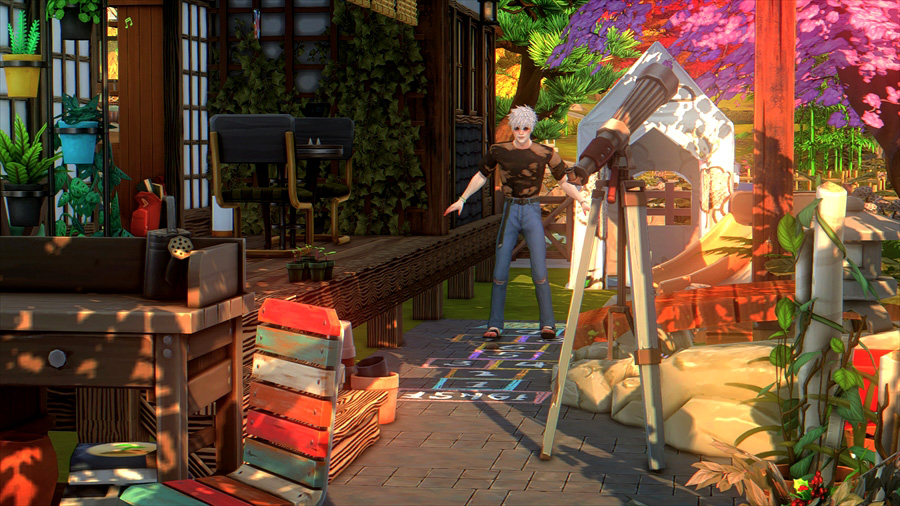 暇そうにしていたので庭に無理矢理設置したけんけんぱ的なオブジェクトを悟にも遊んでもらうことに