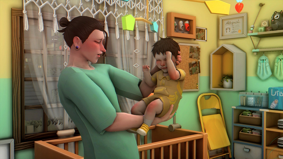 困っている傑と眠いし全部がイヤと泣きわめく息子