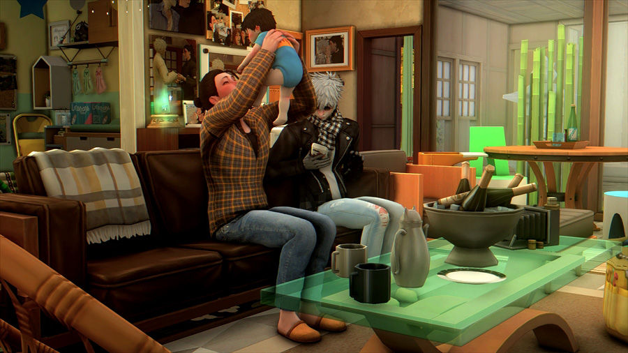 子供部屋の前で長男と遊んでいた傑。悟がラーメンを食べ終わった後隣の部屋から移動してきてすっと隣に座る