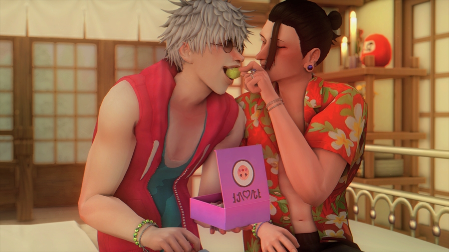 今回はちゃんと口に入れることに成功。シェアしようと提案したシムとされたシム相互で食べさせ合う感じ可愛いな